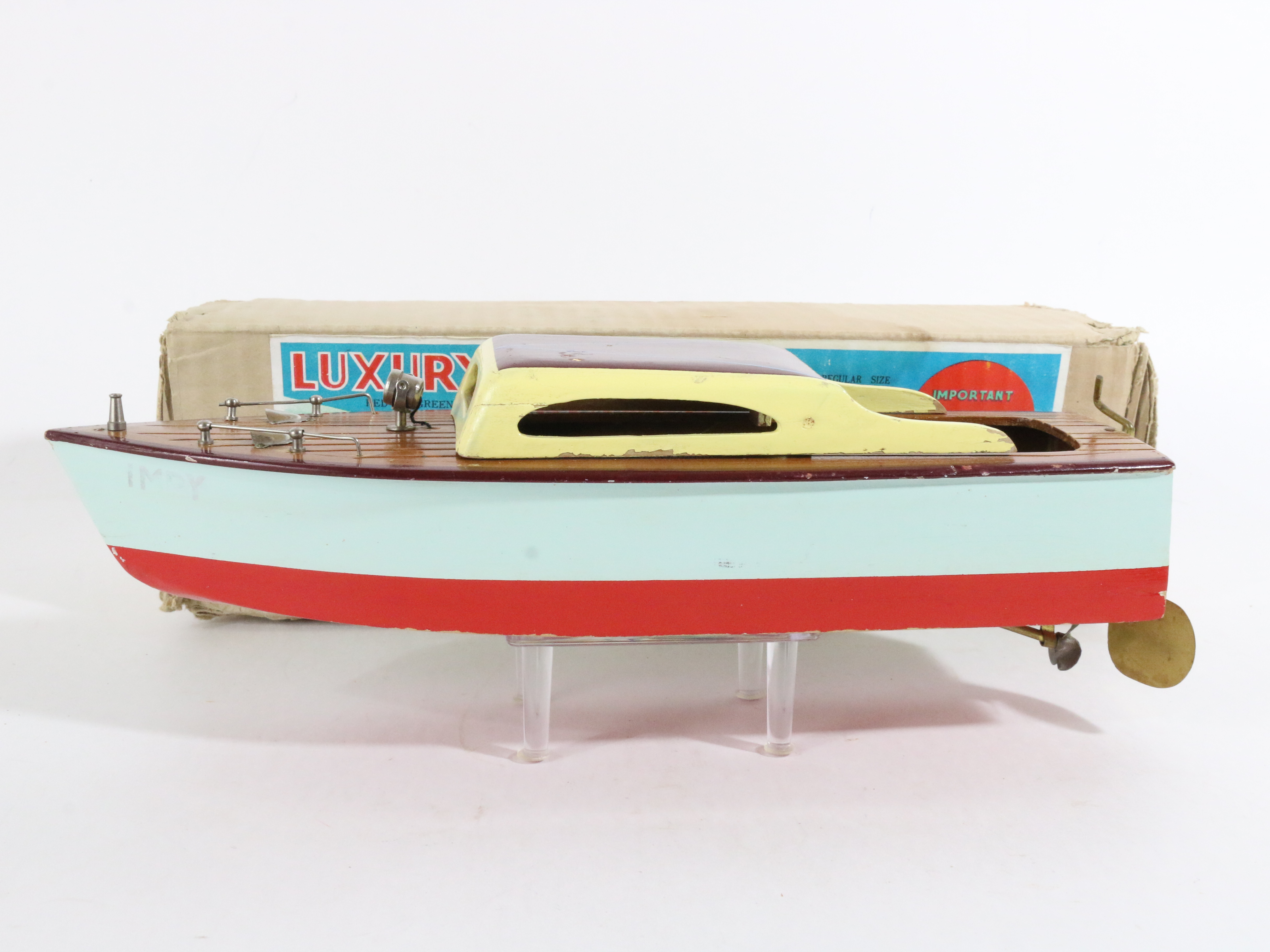 Vintage Blue Red Brown Luxury Cabin Cruiser Wooden Boat Japan IMP