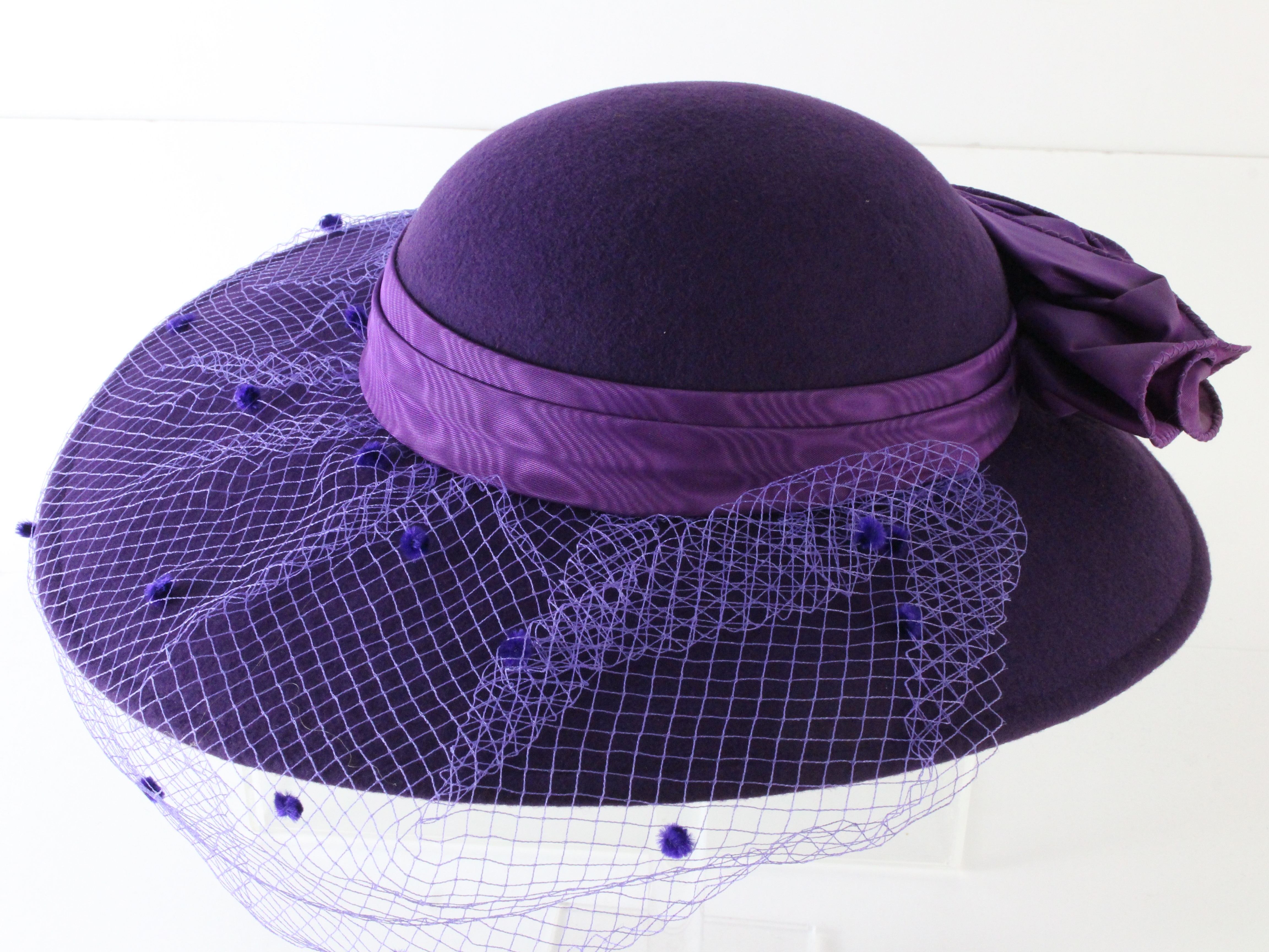 Sonni Women’s Purple Felt Wide-Brim Hat with Jeweled Band Vintage 1980s Navy Blue Wide Brim Felt Hat, Gold Flowers  main image 3